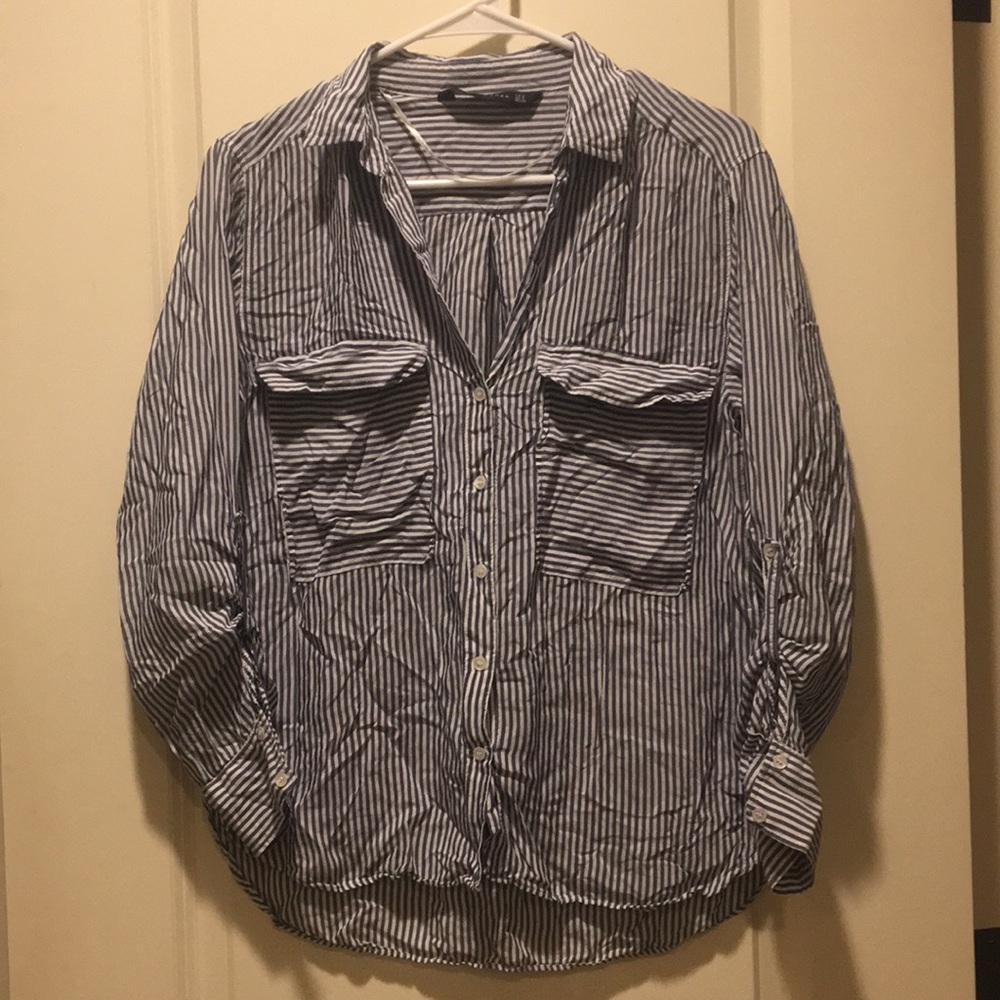 Zara womens striped Button Down shirt Long Sleeves w/tab,Front Pockets size S